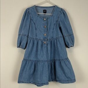 GAP Girls Small 6/7 Light Blue Tiered Denim Dress Snap Front 3/4 Sleeve Cotton